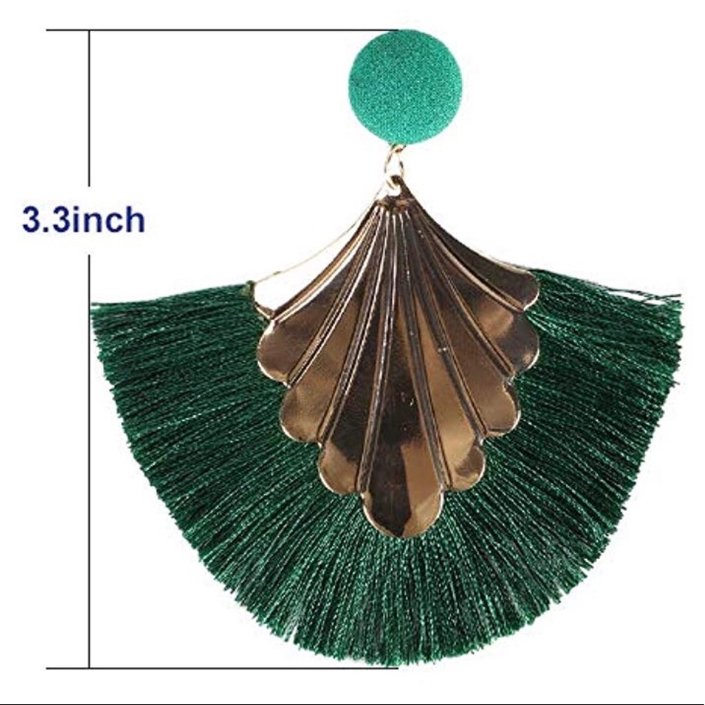 Green/Gold Fashion Fringe Dangle Earrings - Picture 2 of 3